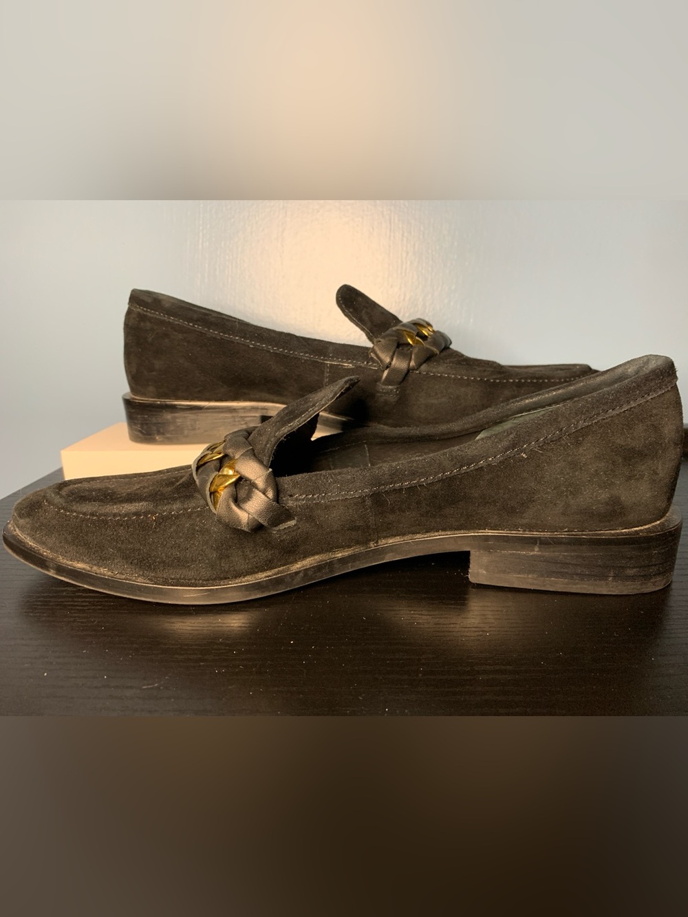Dolce Vita Black Suede Loafers with Gold Chain Braided Detail